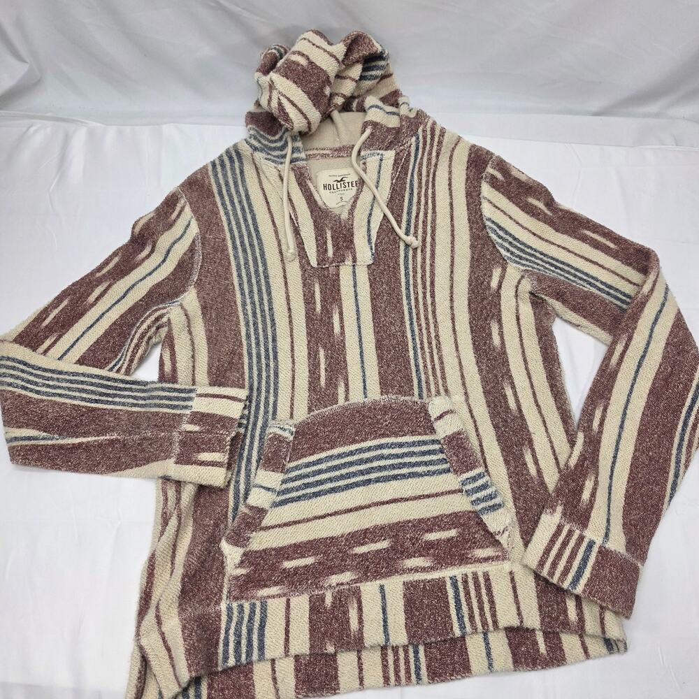 Hollister Baja Hoodie Small Brown Cream Stripe Pullover Hooded Sweater Surf Boho